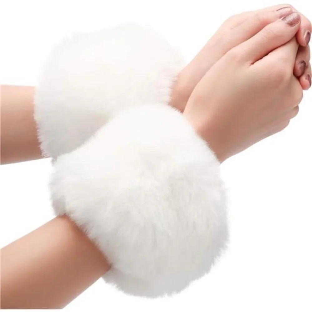 White Fuzzy Faux Fur Pom Pom Wrist Cuffs Furry Arm Bands Arm Warmers‎ Gloves